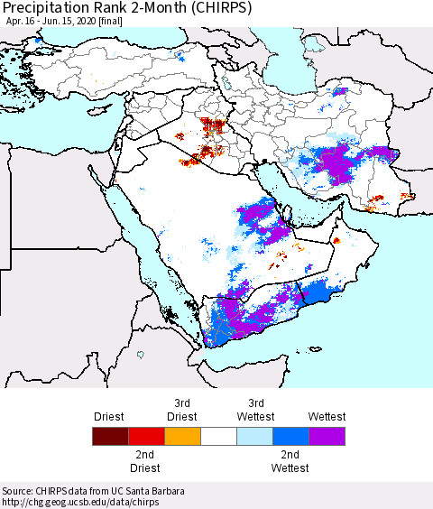 Middle East and Turkey Precipitation Rank since 1981, 2-Month (CHIRPS) Thematic Map For 4/16/2020 - 6/15/2020