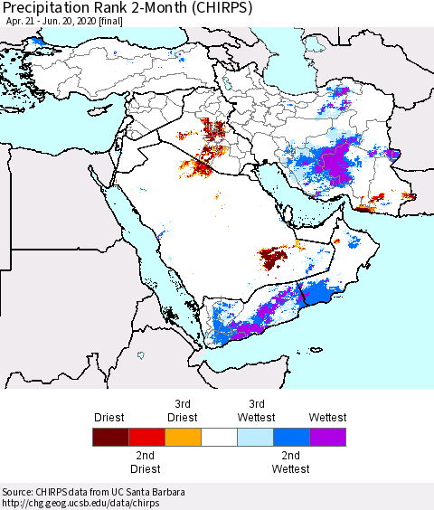 Middle East and Turkey Precipitation Rank since 1981, 2-Month (CHIRPS) Thematic Map For 4/21/2020 - 6/20/2020