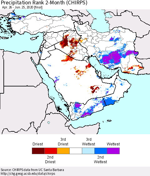 Middle East and Turkey Precipitation Rank since 1981, 2-Month (CHIRPS) Thematic Map For 4/26/2020 - 6/25/2020