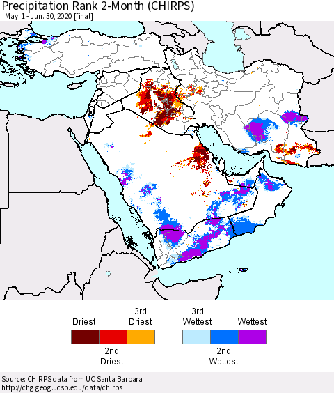 Middle East and Turkey Precipitation Rank since 1981, 2-Month (CHIRPS) Thematic Map For 5/1/2020 - 6/30/2020