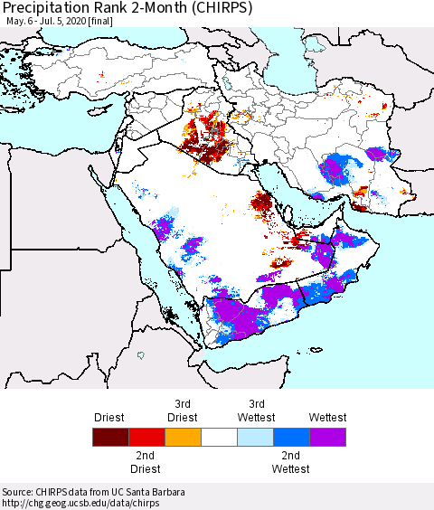Middle East and Turkey Precipitation Rank since 1981, 2-Month (CHIRPS) Thematic Map For 5/6/2020 - 7/5/2020