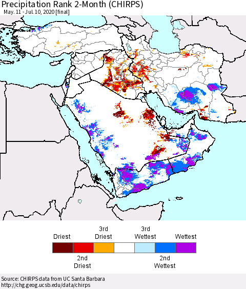 Middle East and Turkey Precipitation Rank since 1981, 2-Month (CHIRPS) Thematic Map For 5/11/2020 - 7/10/2020