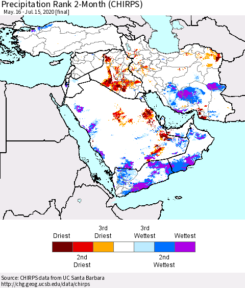 Middle East and Turkey Precipitation Rank since 1981, 2-Month (CHIRPS) Thematic Map For 5/16/2020 - 7/15/2020