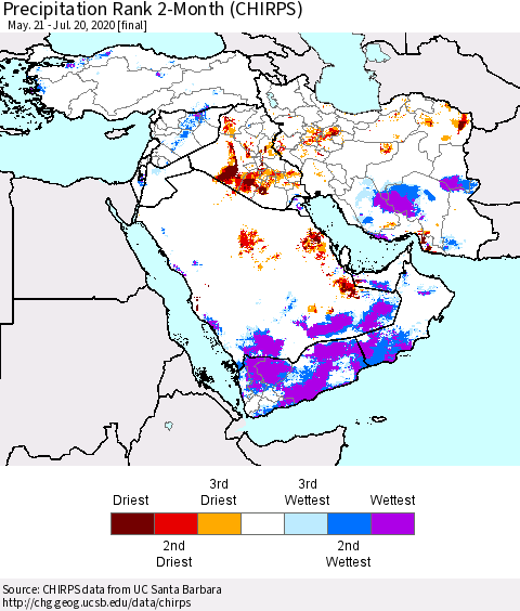 Middle East and Turkey Precipitation Rank since 1981, 2-Month (CHIRPS) Thematic Map For 5/21/2020 - 7/20/2020