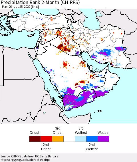 Middle East and Turkey Precipitation Rank since 1981, 2-Month (CHIRPS) Thematic Map For 5/26/2020 - 7/25/2020