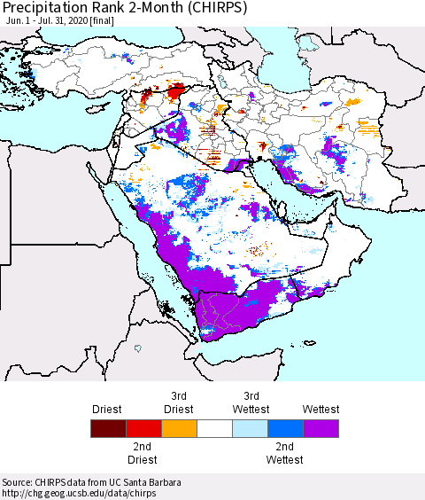 Middle East and Turkey Precipitation Rank since 1981, 2-Month (CHIRPS) Thematic Map For 6/1/2020 - 7/31/2020