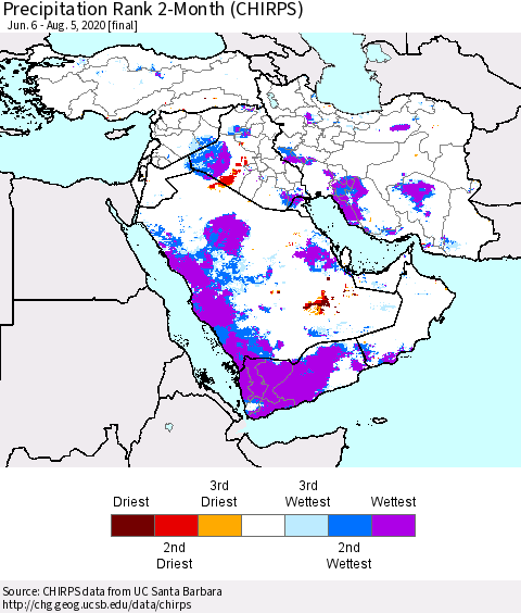 Middle East and Turkey Precipitation Rank since 1981, 2-Month (CHIRPS) Thematic Map For 6/6/2020 - 8/5/2020