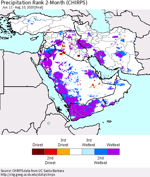 Middle East and Turkey Precipitation Rank since 1981, 2-Month (CHIRPS) Thematic Map For 6/11/2020 - 8/10/2020