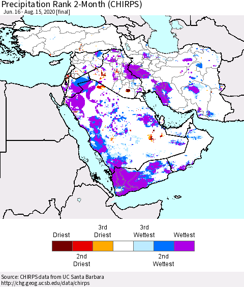 Middle East and Turkey Precipitation Rank since 1981, 2-Month (CHIRPS) Thematic Map For 6/16/2020 - 8/15/2020