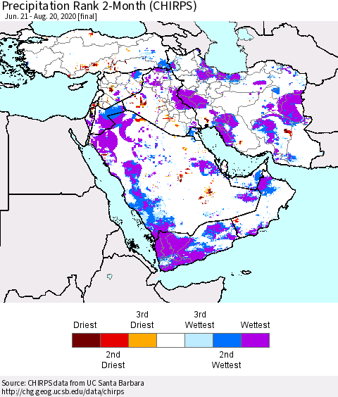 Middle East and Turkey Precipitation Rank since 1981, 2-Month (CHIRPS) Thematic Map For 6/21/2020 - 8/20/2020