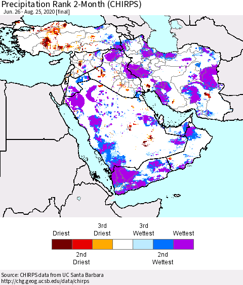 Middle East and Turkey Precipitation Rank since 1981, 2-Month (CHIRPS) Thematic Map For 6/26/2020 - 8/25/2020