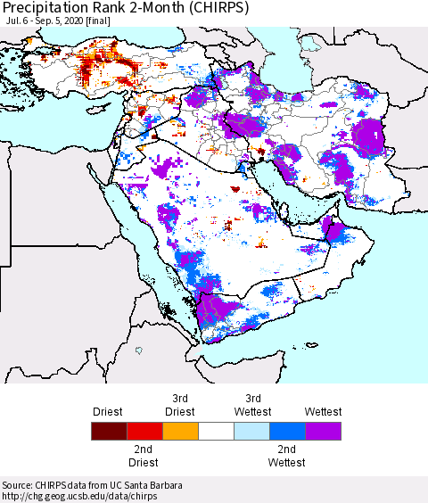 Middle East and Turkey Precipitation Rank since 1981, 2-Month (CHIRPS) Thematic Map For 7/6/2020 - 9/5/2020