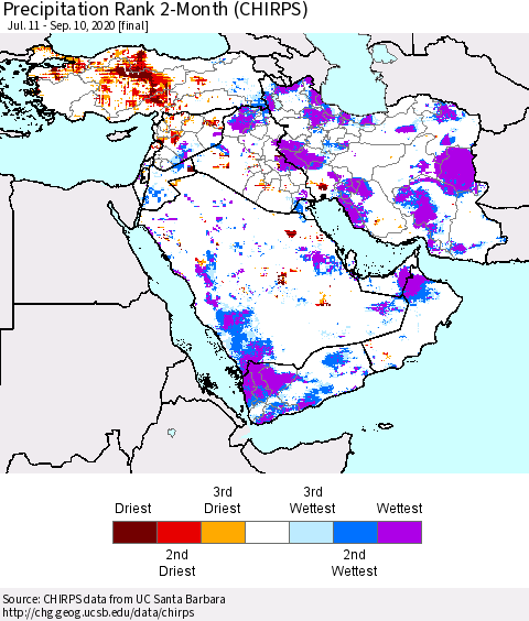 Middle East and Turkey Precipitation Rank since 1981, 2-Month (CHIRPS) Thematic Map For 7/11/2020 - 9/10/2020