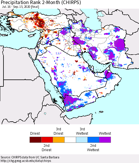 Middle East and Turkey Precipitation Rank since 1981, 2-Month (CHIRPS) Thematic Map For 7/16/2020 - 9/15/2020