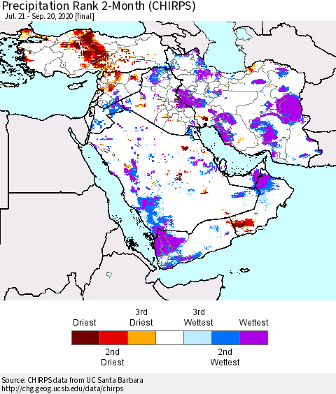 Middle East and Turkey Precipitation Rank since 1981, 2-Month (CHIRPS) Thematic Map For 7/21/2020 - 9/20/2020