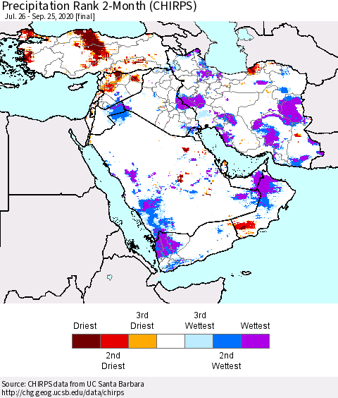Middle East and Turkey Precipitation Rank since 1981, 2-Month (CHIRPS) Thematic Map For 7/26/2020 - 9/25/2020