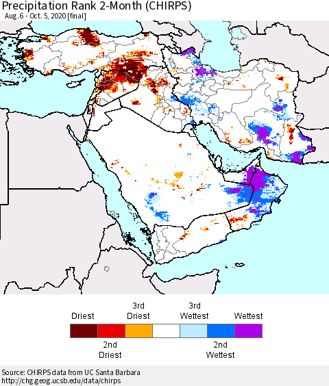 Middle East and Turkey Precipitation Rank since 1981, 2-Month (CHIRPS) Thematic Map For 8/6/2020 - 10/5/2020