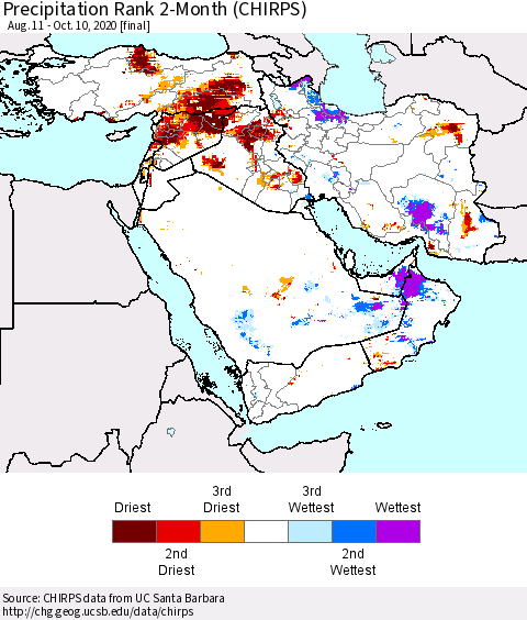 Middle East and Turkey Precipitation Rank since 1981, 2-Month (CHIRPS) Thematic Map For 8/11/2020 - 10/10/2020