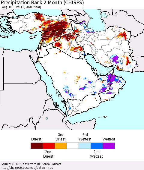 Middle East and Turkey Precipitation Rank since 1981, 2-Month (CHIRPS) Thematic Map For 8/16/2020 - 10/15/2020