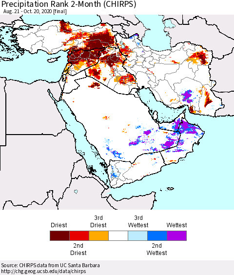 Middle East and Turkey Precipitation Rank since 1981, 2-Month (CHIRPS) Thematic Map For 8/21/2020 - 10/20/2020