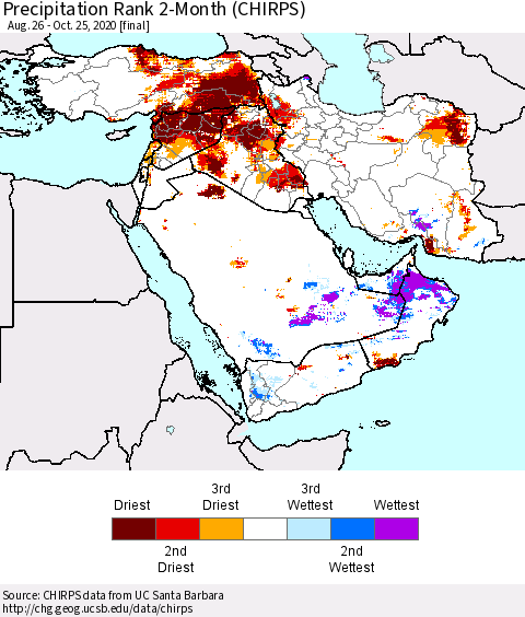 Middle East and Turkey Precipitation Rank since 1981, 2-Month (CHIRPS) Thematic Map For 8/26/2020 - 10/25/2020