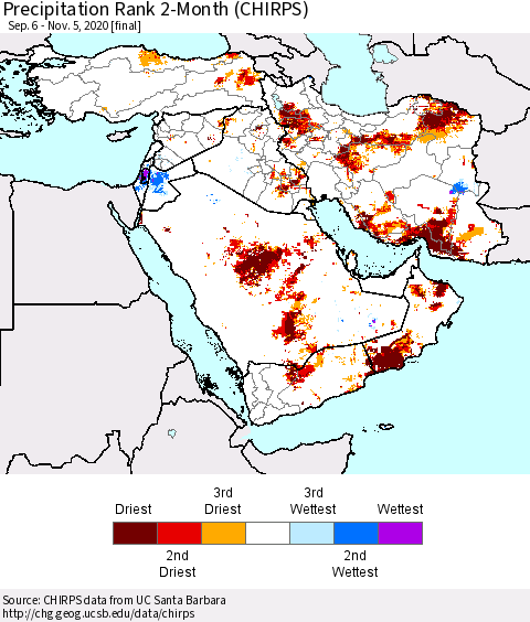 Middle East and Turkey Precipitation Rank since 1981, 2-Month (CHIRPS) Thematic Map For 9/6/2020 - 11/5/2020