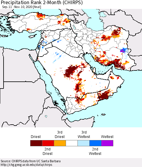 Middle East and Turkey Precipitation Rank since 1981, 2-Month (CHIRPS) Thematic Map For 9/11/2020 - 11/10/2020