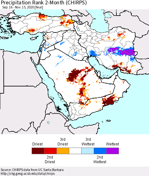 Middle East and Turkey Precipitation Rank since 1981, 2-Month (CHIRPS) Thematic Map For 9/16/2020 - 11/15/2020