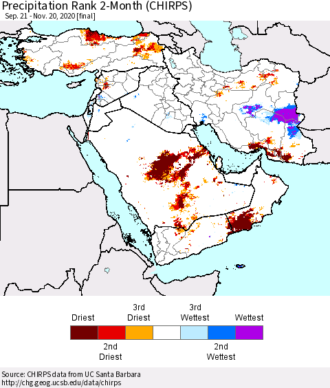 Middle East and Turkey Precipitation Rank since 1981, 2-Month (CHIRPS) Thematic Map For 9/21/2020 - 11/20/2020