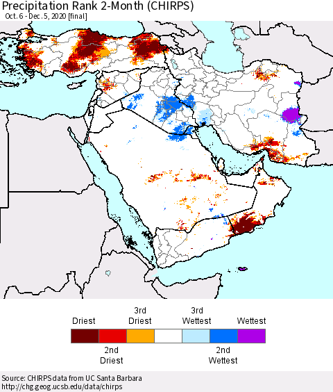Middle East and Turkey Precipitation Rank since 1981, 2-Month (CHIRPS) Thematic Map For 10/6/2020 - 12/5/2020