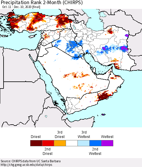 Middle East and Turkey Precipitation Rank since 1981, 2-Month (CHIRPS) Thematic Map For 10/11/2020 - 12/10/2020