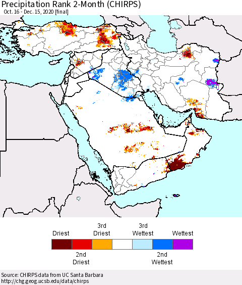 Middle East and Turkey Precipitation Rank since 1981, 2-Month (CHIRPS) Thematic Map For 10/16/2020 - 12/15/2020