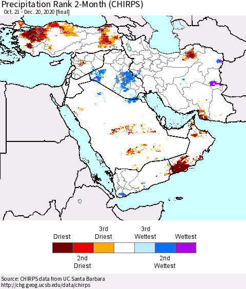 Middle East and Turkey Precipitation Rank since 1981, 2-Month (CHIRPS) Thematic Map For 10/21/2020 - 12/20/2020