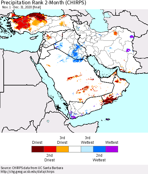 Middle East and Turkey Precipitation Rank since 1981, 2-Month (CHIRPS) Thematic Map For 11/1/2020 - 12/31/2020