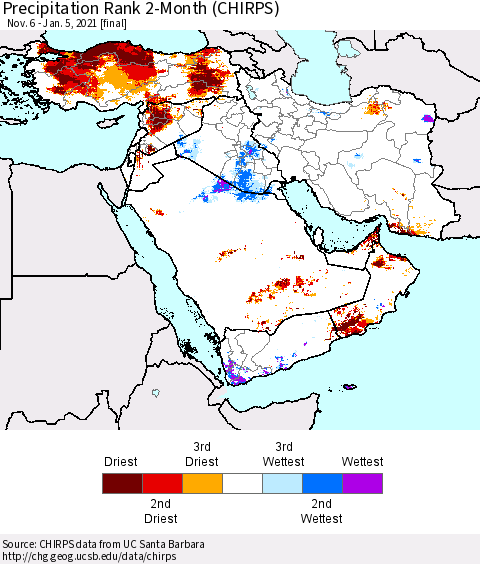 Middle East and Turkey Precipitation Rank since 1981, 2-Month (CHIRPS) Thematic Map For 11/6/2020 - 1/5/2021
