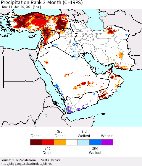 Middle East and Turkey Precipitation Rank since 1981, 2-Month (CHIRPS) Thematic Map For 11/11/2020 - 1/10/2021