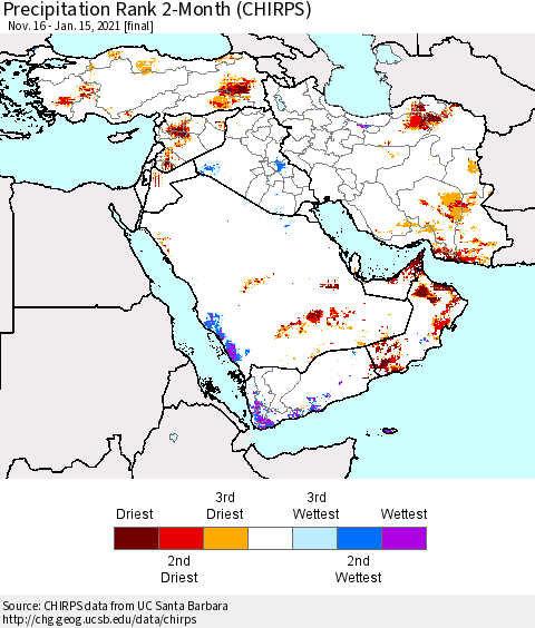 Middle East and Turkey Precipitation Rank since 1981, 2-Month (CHIRPS) Thematic Map For 11/16/2020 - 1/15/2021