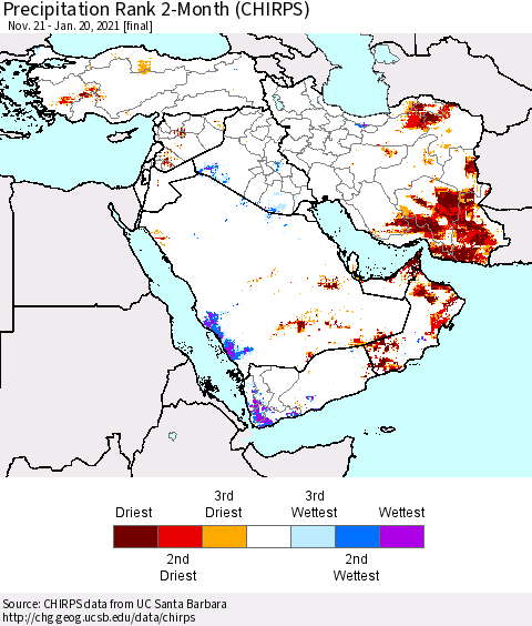 Middle East and Turkey Precipitation Rank since 1981, 2-Month (CHIRPS) Thematic Map For 11/21/2020 - 1/20/2021