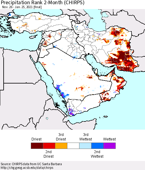 Middle East and Turkey Precipitation Rank since 1981, 2-Month (CHIRPS) Thematic Map For 11/26/2020 - 1/25/2021