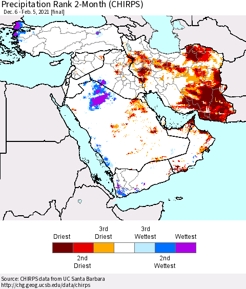 Middle East and Turkey Precipitation Rank since 1981, 2-Month (CHIRPS) Thematic Map For 12/6/2020 - 2/5/2021