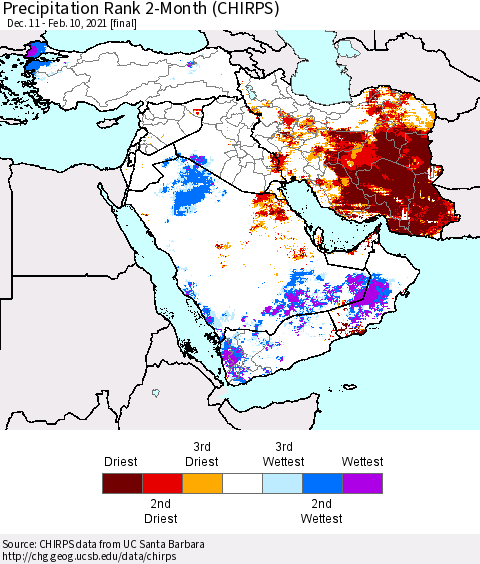Middle East and Turkey Precipitation Rank since 1981, 2-Month (CHIRPS) Thematic Map For 12/11/2020 - 2/10/2021