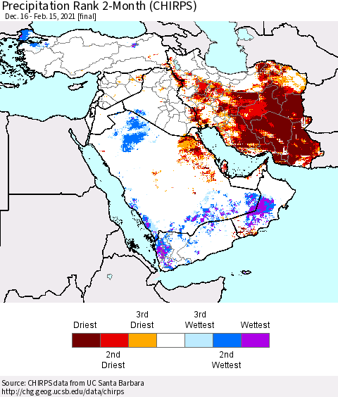 Middle East and Turkey Precipitation Rank since 1981, 2-Month (CHIRPS) Thematic Map For 12/16/2020 - 2/15/2021