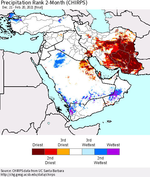 Middle East and Turkey Precipitation Rank since 1981, 2-Month (CHIRPS) Thematic Map For 12/21/2020 - 2/20/2021