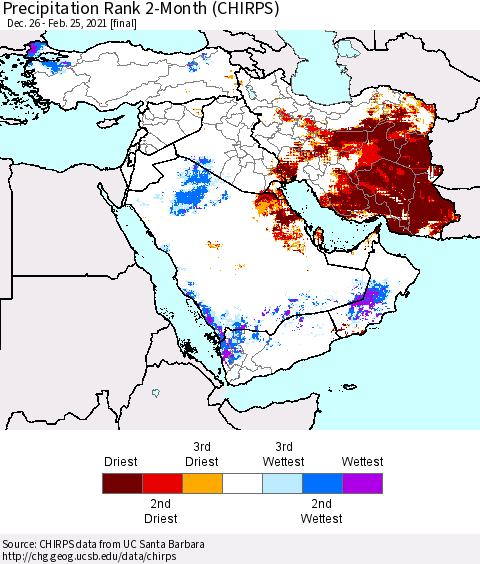 Middle East and Turkey Precipitation Rank since 1981, 2-Month (CHIRPS) Thematic Map For 12/26/2020 - 2/25/2021