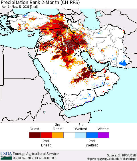 Middle East and Turkey Precipitation Rank since 1981, 2-Month (CHIRPS) Thematic Map For 4/1/2021 - 5/31/2021