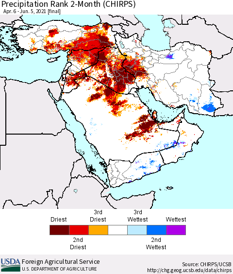 Middle East and Turkey Precipitation Rank since 1981, 2-Month (CHIRPS) Thematic Map For 4/6/2021 - 6/5/2021