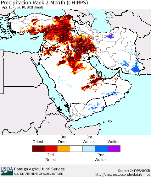 Middle East and Turkey Precipitation Rank since 1981, 2-Month (CHIRPS) Thematic Map For 4/11/2021 - 6/10/2021