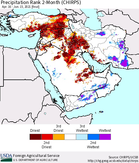 Middle East and Turkey Precipitation Rank since 1981, 2-Month (CHIRPS) Thematic Map For 4/16/2021 - 6/15/2021