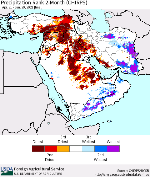 Middle East and Turkey Precipitation Rank since 1981, 2-Month (CHIRPS) Thematic Map For 4/21/2021 - 6/20/2021