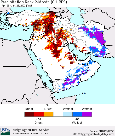 Middle East and Turkey Precipitation Rank since 1981, 2-Month (CHIRPS) Thematic Map For 4/26/2021 - 6/25/2021
